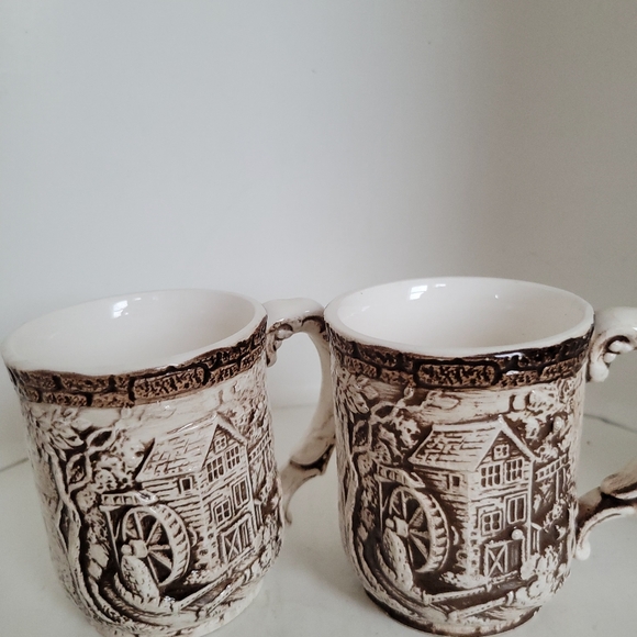Vintage Country Ceramic Old Mill, Embossed Brick Pattern Japan- 2 Coffee Mugs - Picture 2 of 6